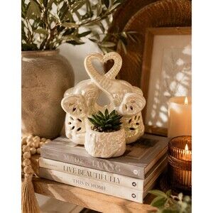 Ceramic Double Elephant Planter Faux Succulent Heart Trunk Pearlized Decor